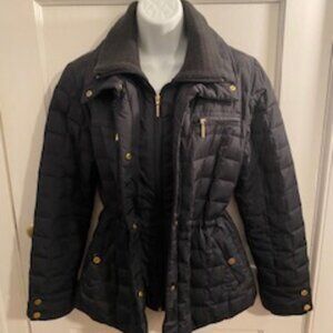 Ellen Tracy Black Quilted Winter Coat w/ Gold Embellishments, Size S